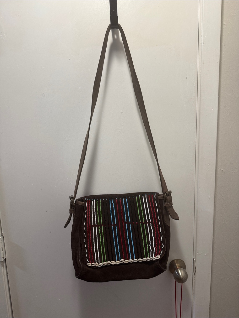 Brown Suede Crossbody Bag with Multicolor Stripe Front(13)